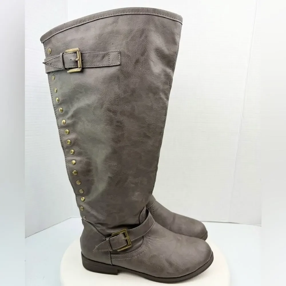 JOURNEE COLLECTION Womens Sz 8.5 Knee High Spokane Taupe Zip Up Boots Brown‎